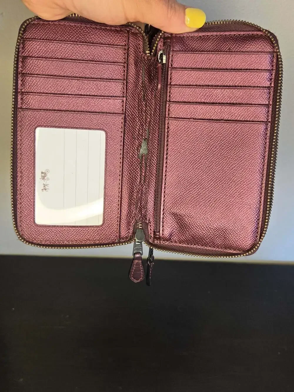 Coach Metallic Burgundy Glitter Accordion Zip-Around Wristlet Wallet